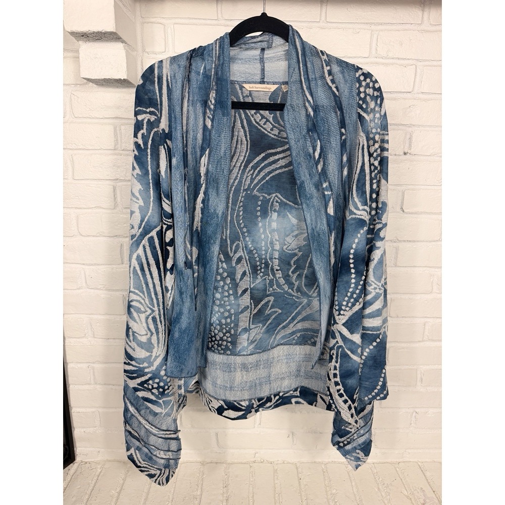 Soft Surroundings Womens Open Front Cardigan Medium Blue Floral‎ Beach Resort